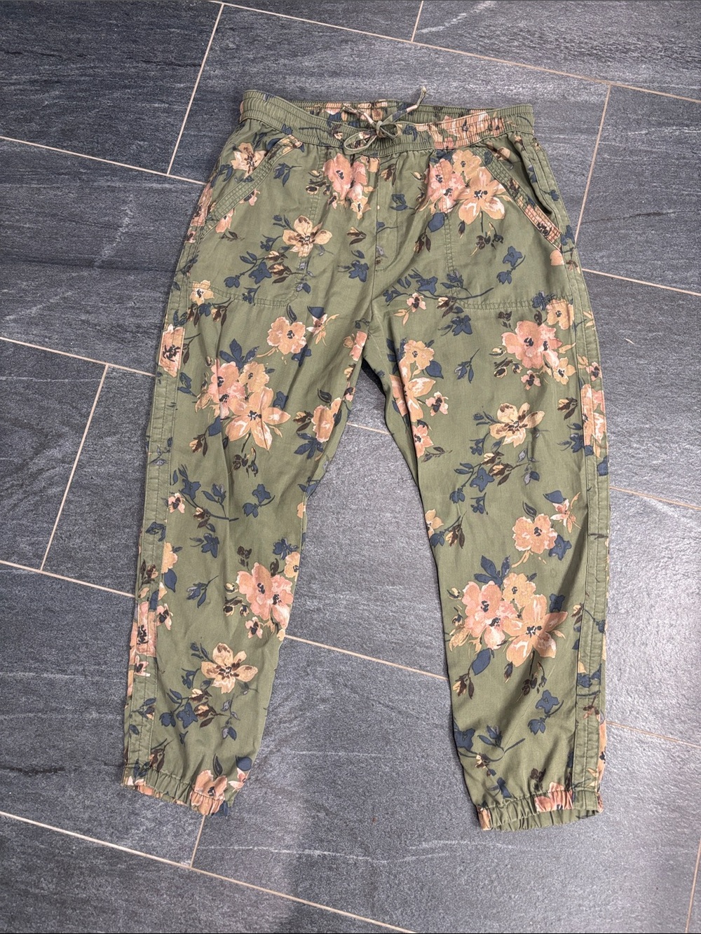 Anthropologie Olive Green Floral Jogger Pants with Pink & Blue Blossoms